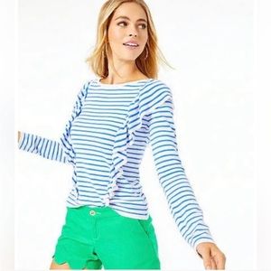 Lilly Pulitzer Ruth Striped Ruffle Sweater Blue White Medium